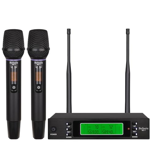 Rechargeable Dual Wireless Microphones System, Professional UHF 2X100 Channel Metal Wireless Microphone for Singing, Dj, Church, Karaoke, Handheld Vocal Dynamic Cordless Mic Long Range 300Ft