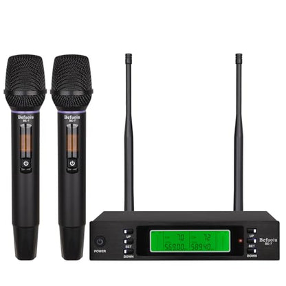 Rechargeable Dual Wireless Microphones System, Professional UHF 2X100 Channel Metal Wireless Microphone for Singing, Dj, Church, Karaoke, Handheld Vocal Dynamic Cordless Mic Long Range 300Ft