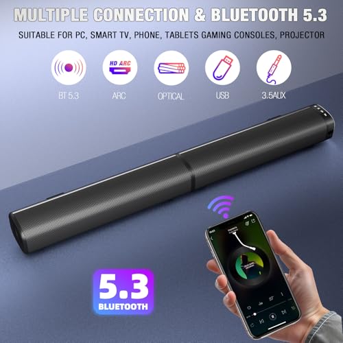 Puriom Sound Bar for Smart TV, 100W Sound Bar with Bluetooth 5.3/ARC/Opt/AUX Connect, 2-in-1 Detachable Home Soundbar, Home Theater Speaker & Bass Effect, for TV/PC/Projectors