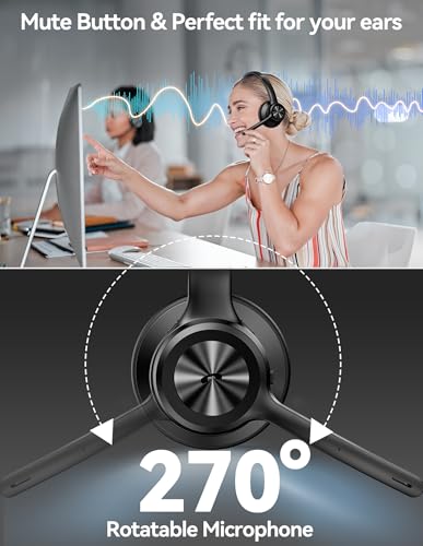 TECKNET Wireless Headset, Bluetooth Headset with Noise Cancelling Microphone - Rechargeable Bluetooth V5.2 Headphones, 50H Playtime & Mic Mute, On Ear Headphones for Trucker/Remote Work/Call Center - color: Deep Black