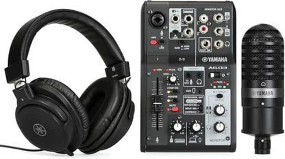 Yamaha AG03MK2 Black Live Streaming Kit with mixer/USB interface, condenser microphone, headphones and mic cable - color: Black, style: Live Stream Pack