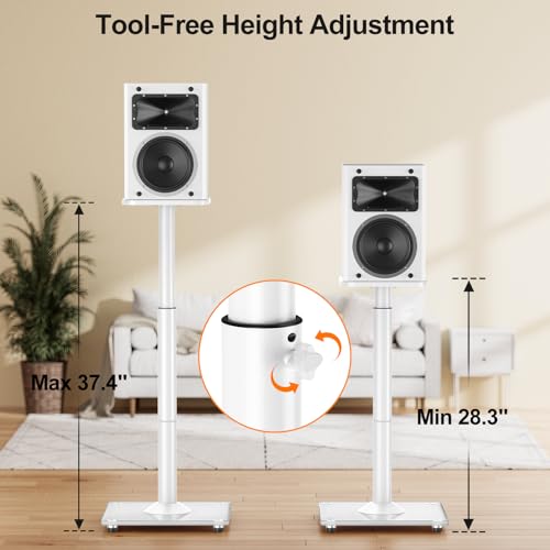 Speaker Stands Pair, 28"-37.4" Height Adjustable, Max 22 lbs, Glass Base | Surround Sound Speaker Stand with Cable Management, Universal Floor Stand for Bookshelf Satellite Studio Large Speaker, White - size: Universal White