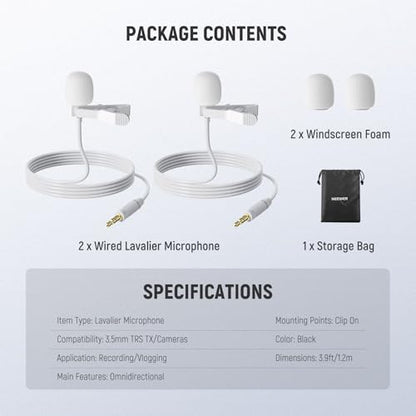NEEWER 2 Pack Lavalier Lapel Microphone Compatible with Rode Wireless GO II 2 DJI Wireless Mic Transmitter, Omnidirectional Condenser Wired Clip On Lav Mic for Stage YouTube Live Streaming, CM5, White - style: CM5(2-Pack&White)w/3.5mm TRS Plug