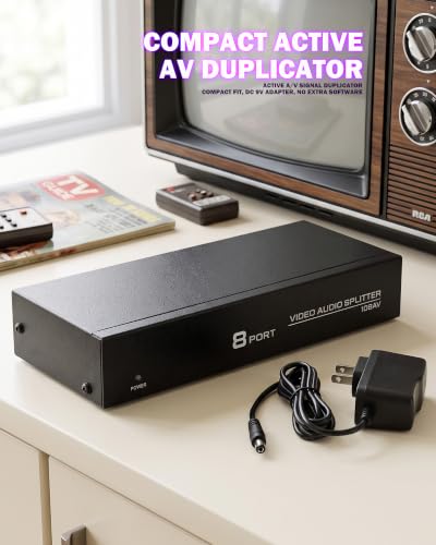 8 Way 3 RCA Switch, Powered 1 in 8 Out AV Switcher, Composite Video Audio Distribution, AV Switch, Audio Splitter Duplicator with Power Adapter