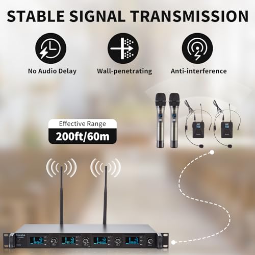 4 Channel Wireless Microphone System UHF 2 Cordless Handheld Mics and 2 Lavalier Headset Mics for Karaoke Church Speaking Conference Meeting Party, 4x25 Adjustable Frequency (2 Handheld + 2 Bodypack) - size: 2 Handheld + 2 Bodypack