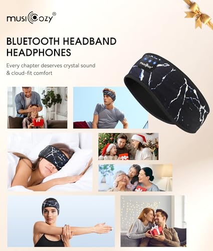 MUSICOZY Bluetooth 5.4 Sleep Headphones Headband Sports Wireless Audio | Earbuds 2 in 1 Design with Breathable Stretch Fabric, HD Stereo Sound Speakers for Workout Yoga Running, Nighttime Sleep Use - color: Marbling Black
