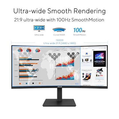 ASUS 34” Curved USB-C Docking Monitor (VA34VCPSR) - WQHD (3440x1440), 1500R Curvature, Frameless, USB-C PD 96W, RJ45, USB hub, Eye Care, Ergonomic, VESA Wall Mountable, 3 yr Warranty - style: 34" WQHD Docking Ergo