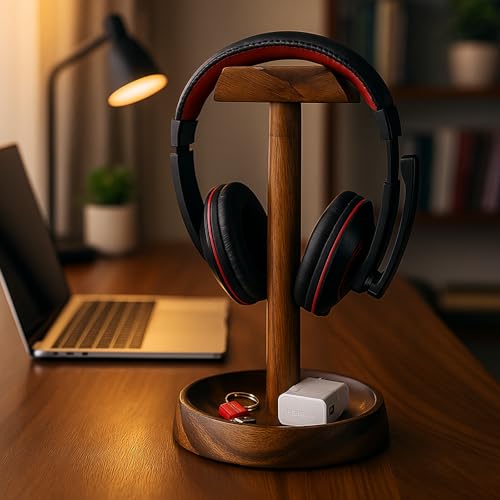 Headphone Stand, Solid Acacia Wood Headset Holder with Tray, Desk Organizer | Solid acacia wood headset stand with tray for gaming, home office, headphones, headsets, accessories & workspace organization - style: Single Headset Holder