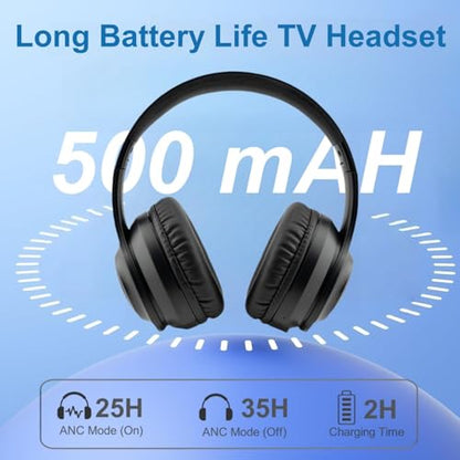Wireless ANC TV Headphones for Seniors - Active Noise Cancelling, Foldable Bluetooth 5.3 Over-Ear TV Headset with 5-in-1 Transmitter (Optical/Coaxial/USB/RCA/AUX), Hi-Fi Sound, 35H Playtime