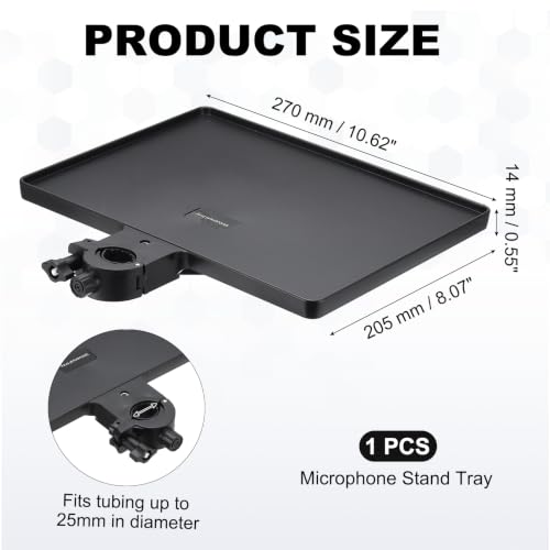 Microphone Stand Tray 10.6x8.1in Microphone Stand Plastic Tray Black | Color Box ABS Plastic Adjustable Clamp-On for Live Streaming Concert Karaoke