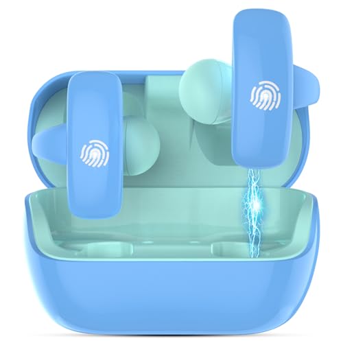 iDIGMALL Kids Wireless Earbuds, Open Ear Clip On Headphones for Teen, Blue | 85dB Volume Limit, 20 Hours Charging Case, Bluetooth 5.4, Built-in Mic, For Teens Child Girls Boys Home School Travel Sports - color: Blue