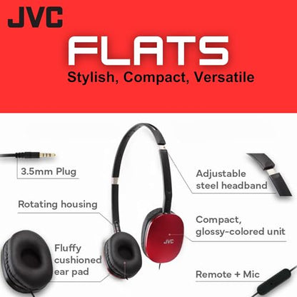 JVC Flats Foldable Colorful Flats On Ear Headphones with Remote and Microphone, 3.94 Foot Gold Plated 3.5mm Slim Plug - HAS160MA, Adjustable - Red - color: Red, style: Mic and Remote