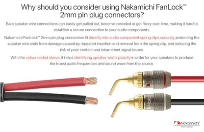 Nakamichi FanLock Excel Series 24K Gold Plated 2mm Pin Plugs, 10-18 AWG | Gauge Size 4mm for Spring Clip Terminal Speakers Amplifier Hi-Fi Audio Wire Cable Quick Connector Banana, 12 Pcs (6-Pairs) - size: 12 Pcs (6-Pairs)