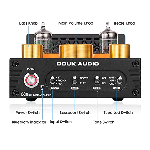Douk Audio Tube Phono Amp: Bluetooth Receiver | 2-Channel Amplifier for MM Turntables | 160W×2 TDA7498E | Tone Control | for Desktop Vinyl HiFi Home Audio System (X1)