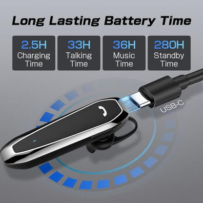 Bluetooth Headset, V5.3 Wireless Handsfree Earpiece with Noise Cancelling Mic, 33 Hours Talking Time, Single Ear Headset Compatible with iPhone Android Cell Phones for Driving Business（Black）