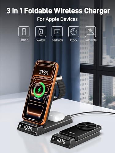 3 in 1 Charging Station for Apple,Travel Wireless Charger with Clock | ELECDOV Magnetic Charger for iPhone, Foldable Watch Charger Stand for iPhone 17/Air/16/15 Series, iWatch 10/AirPods 4 (Black) - color: Black