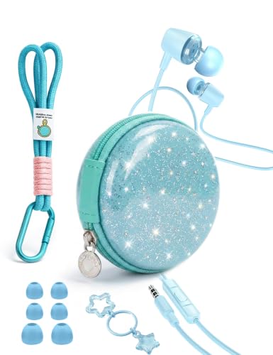 Glitter Skyblue Teens Wired Earbuds with Case, 3.5mm Headphones for School | GOGOSINIS Wired Student Earbuds with Glitter Blue Case, Braided Lanyard Wristlet & Star Keychain Charm, For School backpacks - color: Glitter Skyblue