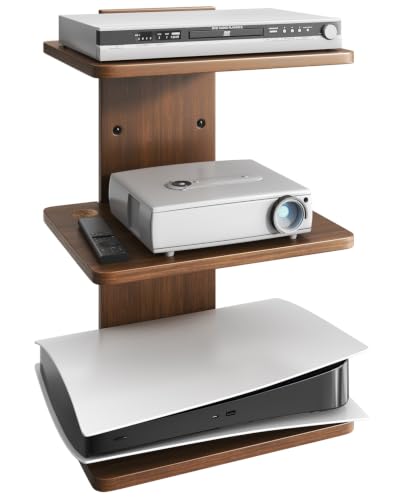 Floating TV Projector Shelf Wall Mount - 3 Tier Wooden Shelf, Walnut Brown | Home Decor, Cable Management, DVD Player, Router, Game Console, Cable Box, Play Station, Holds Up to 22lbs per Shelf - size: 3-Tier Shelf
