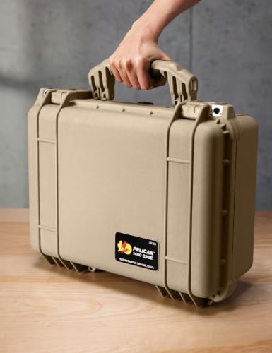 Pelican 1450 Case With Foam (Desert Tan) | Watertight copolymer shell with foam insert and purge valve for photography, audio gear and instruments - color: Desert Tan, style: With Foam