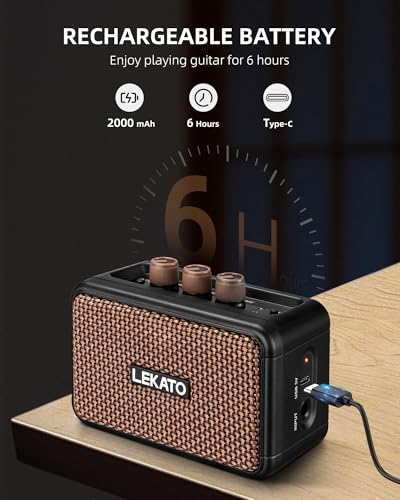 LEKATO Mini Guitar Amplifier, Dual Speakers 5W, Rechargeable Electric Guitar Amp Bluetooth with Clean Overdrive, 6H Working, Headphone Jack, Portable Small Amp for Practice AG-04 (Brown) - color: Brown