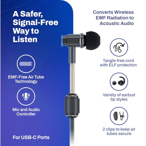 DefenderShield Air Tube Stereo Earbuds USB-C - Universal Acoustic Wired Headphones with Mic & Volume Control - style: USB-C