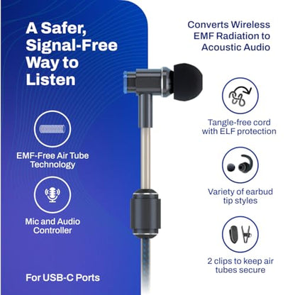 DefenderShield Air Tube Stereo Earbuds USB-C - Universal Acoustic Wired Headphones with Mic & Volume Control - style: USB-C