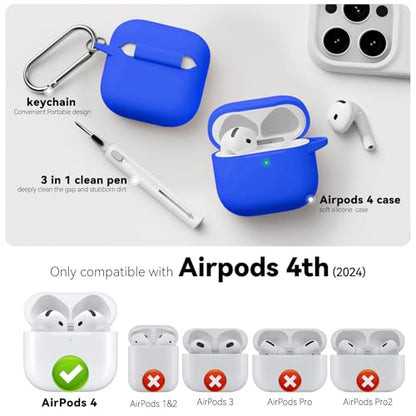 for AirPods 4 Case 2024 with Cleaner Kit & Keychain-Blue | Silicone Protective Cover for Apple AirPods 4th Generation Case,for Women Men,One-Piece Design,Shockproof,Dust Proof - color: C-Blue