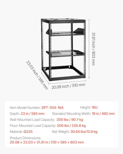 VEVOR 16U Open Frame Server Rack & Network Rack, Wall Mounted or Floor Standing, Heavy Duty 4 Post, with 2PCS Vented 1U Shelves & Mounting Hardware, Holds All 19'' Networking IT Equipment AV Gear - size: 16U Server Rack