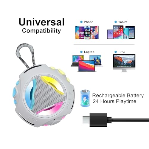 Portable Bluetooth Speaker, IPX7 Waterproof Shower Speaker, Wireless Outdoor Speakers, Floating, Built-in Mic, 24H Playtime with LED Lights, Loud HD Sound, Powerful Bass, Gifts for Unisex - Gray - color: Gray
