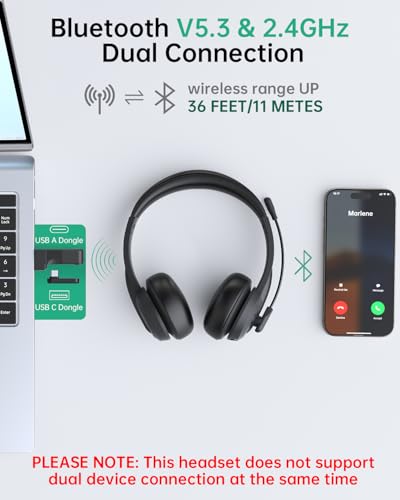 AOC Wireless Headset with Mic for Work, AI Noise Cancelling, Bluetooth | AI Noise Cancelling Mic, Bluetooth 5.3, USB-A/C Dongle Included, Mic Mute, Compatible with PC, Laptop & iPhone - color: Black