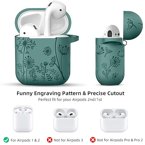 Lerobo for AirPod Case 2nd/1st Generation with Keychain for Women Girl | Flower Engraved Silicone Protective Cover for AirPods 2 Case, Wireless Charging, Shockproof, One-piece Design, Pine Green - color: Pine Green