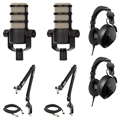 Rode PodMic Dynamic Podcasting Microphones (Pair) with 2X PSA1+ Professional Studio Boom Arms, NTH-100 Professional Closed Back Over Ear Headphones, XLR Cables and StreamEye Polishing Cloth