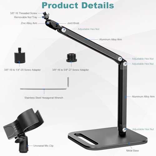 Desk Microphone Stand,Heavy-Duty Adjustable Mic Arm Desktop Microphone Mount,1/4" and 5/8" Screw Adapters,Max Load 3.3 lb,for Fifine/Shure/Pyle/AT2020/Razor/Rode/Blue Yeti & Snowball/Webcam Camera