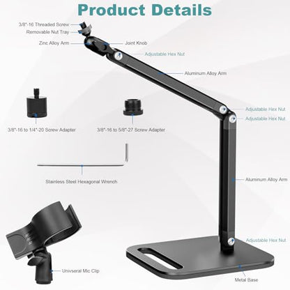Desk Microphone Stand,Heavy-Duty Adjustable Mic Arm Desktop Microphone Mount,1/4" and 5/8" Screw Adapters,Max Load 3.3 lb,for Fifine/Shure/Pyle/AT2020/Razor/Rode/Blue Yeti & Snowball/Webcam Camera
