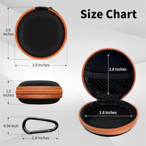 1 Pack Round Earbud Case Storage Bag with Carabiner, Orange | Travel kit, EVA earbud case, For Wired/Wireless Earphones, chargers, Tech pouch