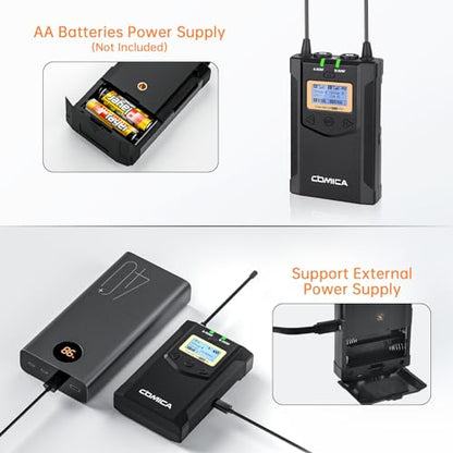 COMICA CVM-WM100PLUS UHF Wireless Lavalier Microphone for Camera Smartphone | 48 UHF Selectable Channel, Noise Cancellation, 160ft Stable Range, Dual Lapel Mic for YouTube TikTok Vlog Interview Stream