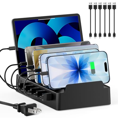 Charging Station for Multiple Devices, 6 Port USB Desktop Charger Dock Compatible with iPad, Samsung, Android, Tablet, Family Multi Phone Charging Organizer with Divider Holders, Fireproof ABS (Black) - color: Black