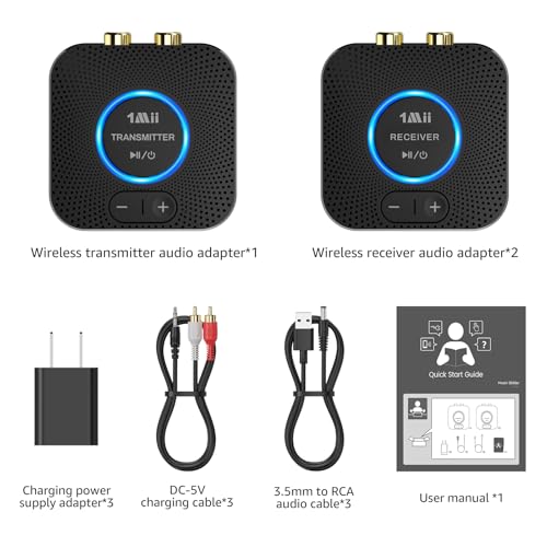 1Mii 2.4 GHz (1 TX+2 RX) Wireless Audio Transmitter Receiver Set for TV, 25ms Low Latency RCA AUX Wireless Audio Adapter Kit for Projector/PC/Home Stereo/Powered Speaker/Amplifier/Soundbar