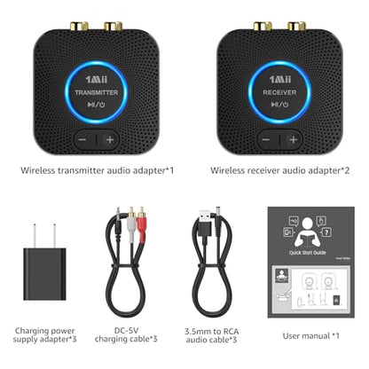 1Mii 2.4 GHz (1 TX+2 RX) Wireless Audio Transmitter Receiver Set for TV, 25ms Low Latency RCA AUX Wireless Audio Adapter Kit for Projector/PC/Home Stereo/Powered Speaker/Amplifier/Soundbar
