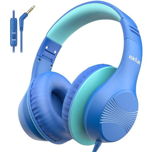 EarFun K3 Kids Headphones, Over Ear Headphones with Microphones, 85/94dB Safe Volume Limit, HD Stereo Sound, 3.5mm Jack, Foldable Wired Headphones for School/Travel/Boys/Girls/Tablet/iPad, Blue | Built-in Mic, 85/94dB Volume Limit, HD Stereo Sound, 3.5mm