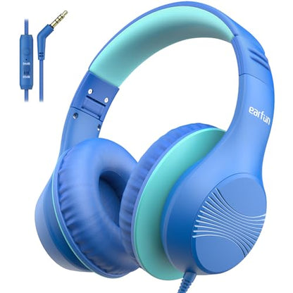 EarFun K3 Kids Headphones, Over Ear Headphones with Microphones, 85/94dB Safe Volume Limit, HD Stereo Sound, 3.5mm Jack, Foldable Wired Headphones for School/Travel/Boys/Girls/Tablet/iPad, Blue | Built-in Mic, 85/94dB Volume Limit, HD Stereo Sound, 3.5mm