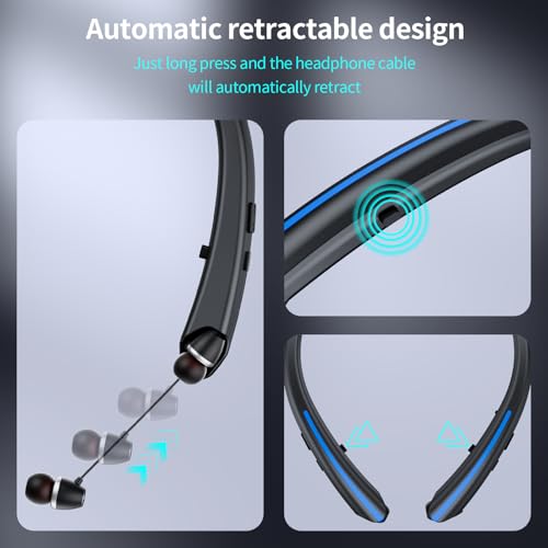 Neckband Retractable Bluetooth Headphones, Wireless Headset with 22H Playtime, Sweat-Resistant Sports, Dual Device Connect, Noise Cancelling Earphones with Mic (Blue) - color: BLUE