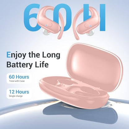 Sport Wireless Earbuds,60Hrs BT5.4 ENC IPX7 Waterproof Earhooks Deep Bass | 14.2mm drivers deliver rich stereo sound. Soft silicone ensures a secure, painless fit for long workouts. - color: Pink