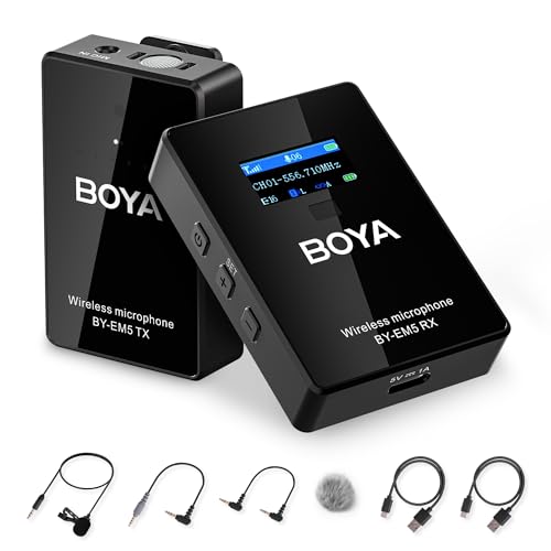 BOYA 48-Channel UHF Wireless Lavalier Microphone,LCD Screen Wireless Microphone with Howling Suppression for Online Class Recording Vlog Interview/Camera/iPhone/Speaker/Amplifier (BY-EM5 K1)