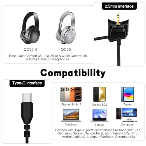 QC35 Boom Microphone Cable, 2.5mm Boom Gaming Microphone Cable with Mute Control for Bose QC35 & QC35 II Headphone, USB C Replacement Audio Cable Cord Boom Mic for iPhone 17/16 Smartphone iPad Tablet