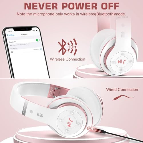 6S Wireless Bluetooth Headphones Over Ear, Hi-Fi Stereo Foldable Wireless Stereo Headsets Earbuds with Built-in Mic, Volume Control, FM for Phone/PC (White & Rose Gold) - color: Pink