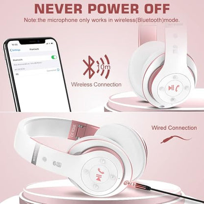 6S Wireless Bluetooth Headphones Over Ear, Hi-Fi Stereo Foldable Wireless Stereo Headsets Earbuds with Built-in Mic, Volume Control, FM for Phone/PC (White & Rose Gold) - color: Pink