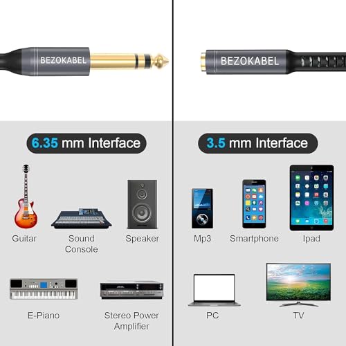 3.5mm/1/4 Adapter & 4Ft TRS Stereo Cord - 6.35mm to 3.5mm for Amplifiers, Guitar Amp, Piano & Home Theater - size: 4ft