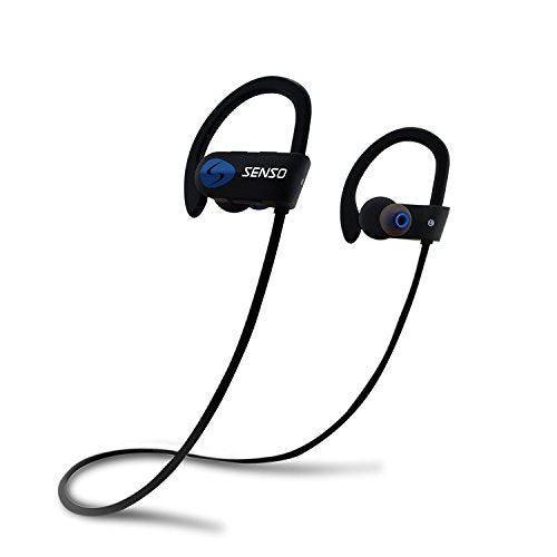 Senso Bluetooth Headphones, Best Wireless Sports Earphones w/Mic IPX7 Waterproof HD Stereo Sweatproof Earbuds for Gym Running Workout 8 Hour Battery Noise Cancelling Headsets (Black Blue)