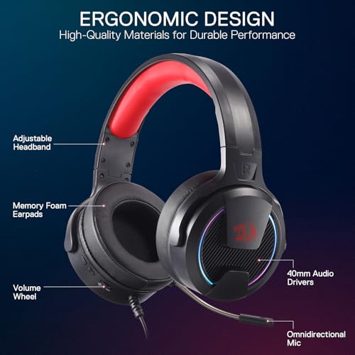 Redragon H315 RGB Gaming Headset - Wired Computer Headset with 40mm Drivers, Noise-Canceling Microphone, USB Connection, Lightweight Design, and Soft PU Leather Ear Cushions for Ultimate Comfort